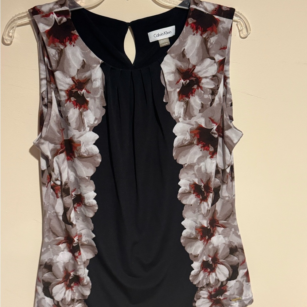 Calvin Klein Black and White Floral Sleeveless Blouse